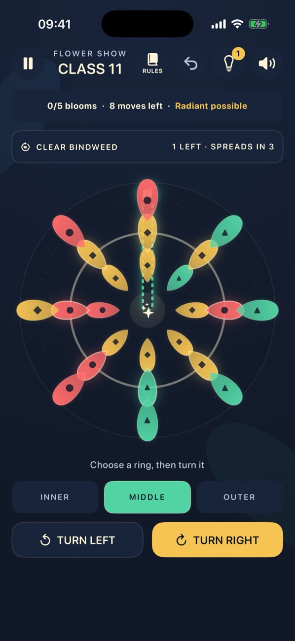 Ringbloom gameplay, with coloured petals arranged on three rotating rings